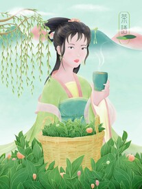 古风美女喝茶茶叶包装插画