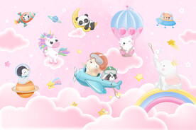 卡通粉色天空可爱动物儿童背景墙