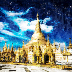 世界名胜古迹仰光大金塔油画效果