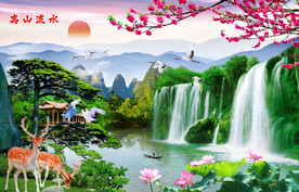 流水生财瀑布山水装饰画