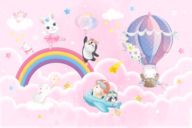 粉色可爱动物卡通彩虹气球背景墙