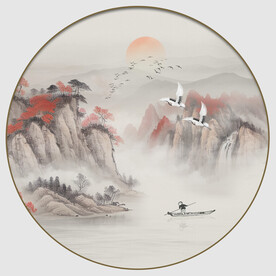 新中式圆形山水玄关入户装饰画