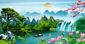 迎客松瀑布山水装饰画