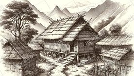 钢笔画山村老寨