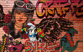 个性红砖墙涂鸦美女工装背景墙