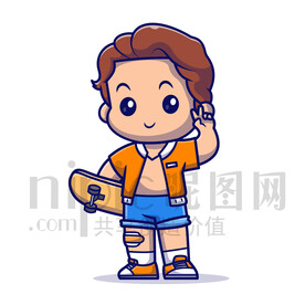 可爱卡通拿滑板的小男孩