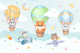 卡通动物飞行员气球儿童房背景墙