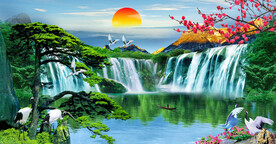 迎客松流水生财瀑布风景山水画