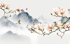 中式玉兰花工笔花鸟玄关装饰画