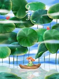 手绘荷塘月色荷小船立夏节气插画
