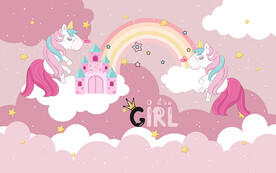 卡通独角兽城堡儿童房背景墙