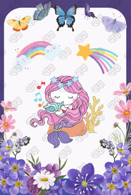 紫色小美人鱼花朵彩虹蝴蝶插画