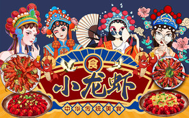 国潮风小龙虾美食工装背景墙