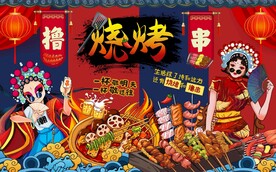 国潮风烧烤美食工装背景墙图片