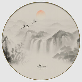 圆形水墨山水画