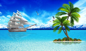 蓝天白云大海窗帘背景墙