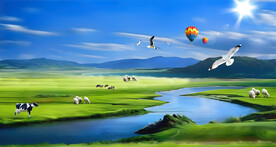 蓝天白云草原河流