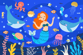 卡通可爱美人鱼海底鲸鱼珊瑚背景