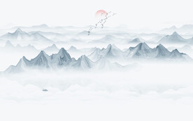 蓝色意境水墨山水画背景墙