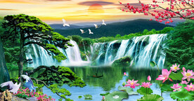 高山流水迎客松山水装饰画