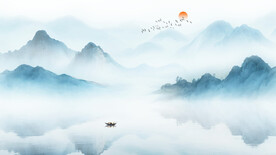 蓝色写意山水画