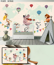 卡通骑车动物儿童背景墙