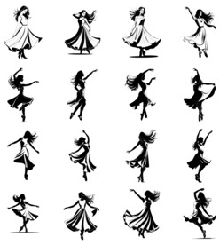 手绘卡通舞者跳舞轮廓矢量X4