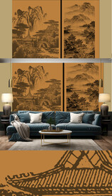 新中式轻奢楼阁山水背景轻奢壁画