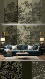 新中式轻奢楼阁山水背景轻奢壁画