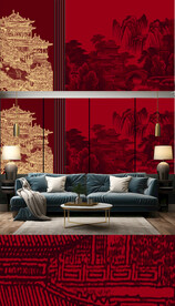 新中式轻奢楼阁山水背景轻奢壁画