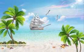 蓝天白云椰树大海背景墙