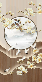 新中式工笔花鸟手绘玉兰花背景墙