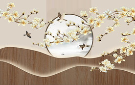 新中式工笔花鸟手绘玉兰花背景墙