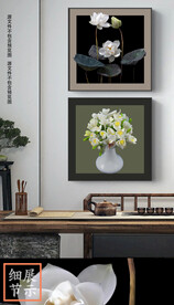 新中式荷花牡丹复古客厅两联挂画
