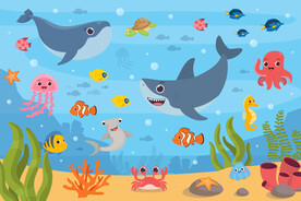 可爱鲨鱼卡通鲸鱼海底热带鱼背景
