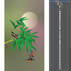 月下竹影双鸟图