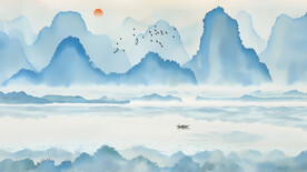 新中式蓝色意境山水背景墙