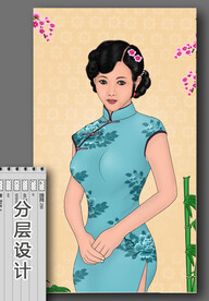 手绘插画旗袍美女