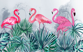 清新手绘热带植物火烈鸟背景墙