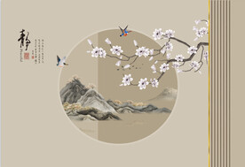 新中式工笔花鸟山水护墙板背景墙