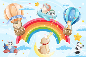 卡通彩虹气球可爱动物儿童背景墙