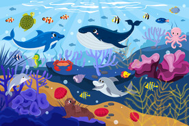 卡通海豚海底鲸鱼动物珊瑚背景墙
