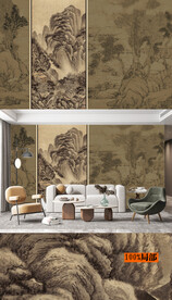 新中式山水线描古画壁画