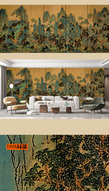 新中式山水古典线描背景墙壁画