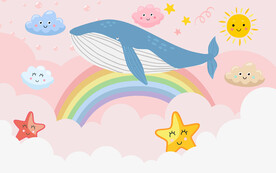 粉色鲸鱼梦幻儿童房背景墙