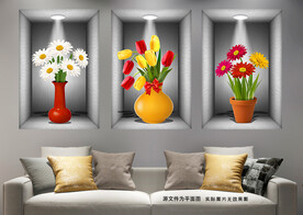 现代简约郁金香雏菊花瓶三联画