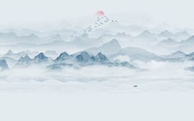 大气蓝色水墨山水画背景墙