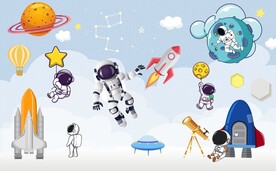 卡通火箭太空儿童房背景墙图片 