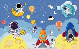 手绘太空人宇宙儿童房背景墙