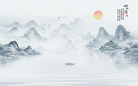 中国风意境水墨山水画墙画
